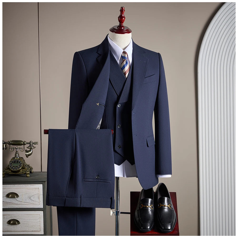 Ensemble de costume trois pièces en laine haut de gamme pour homme, élégant et décontracté, de couleur unie, idéal pour banquets et mariages.