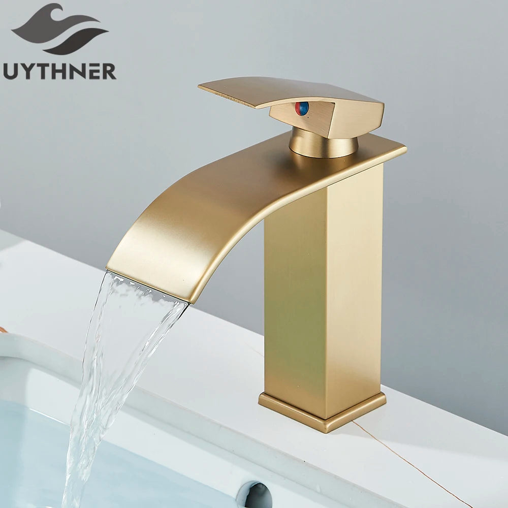 Robinet de Lavabo Doré Brossé, Élégant Robinet Cascade pour Salle de Bain, Mitigeur Monocommande en Laiton à Fixation sur Plan
