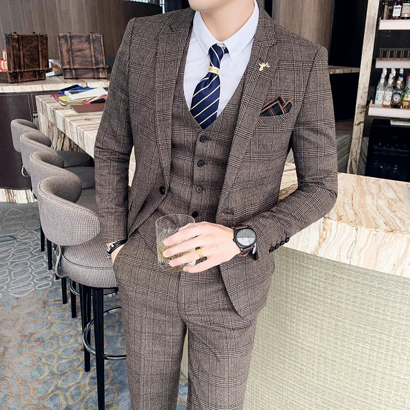 S-7XL (Jacke+Weste+Hose) Mode-Boutique Gitter Anzug Formeller Business Herren Anzug 3-teiliges Set Bräutigam Hochzeitskleid Karierter Anzug Showbühne