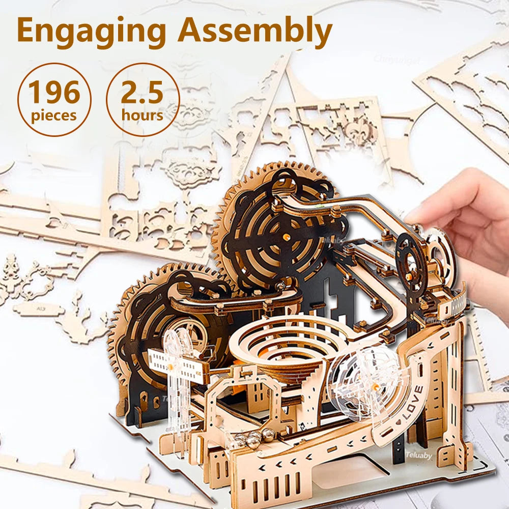 3D Holzpuzzle Murmelbahn Set DIY Aufbau Baukasten STEAM-Engine Lernspielzeug für Erwachsene Kinder Geburtstagsgeschenke