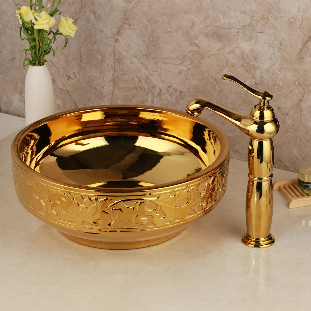 Lavabo de salle de bain KEMAIDI en céramique doré avec robinet Lavabos de salle de bain en porcelaine à poser sur le comptoir Lavabos de luxe pour salles de bain