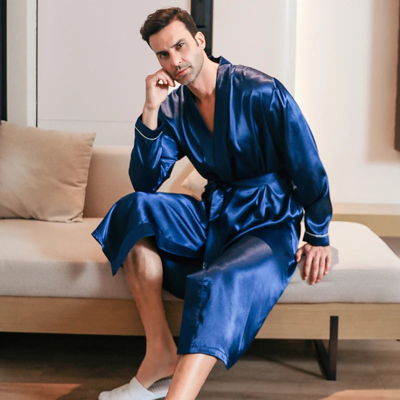 Pyjama homme printemps et automne, style soie fine, grande taille, pyjama à manches longues, peignoir en soie glacée, vêtements d'intérieur été