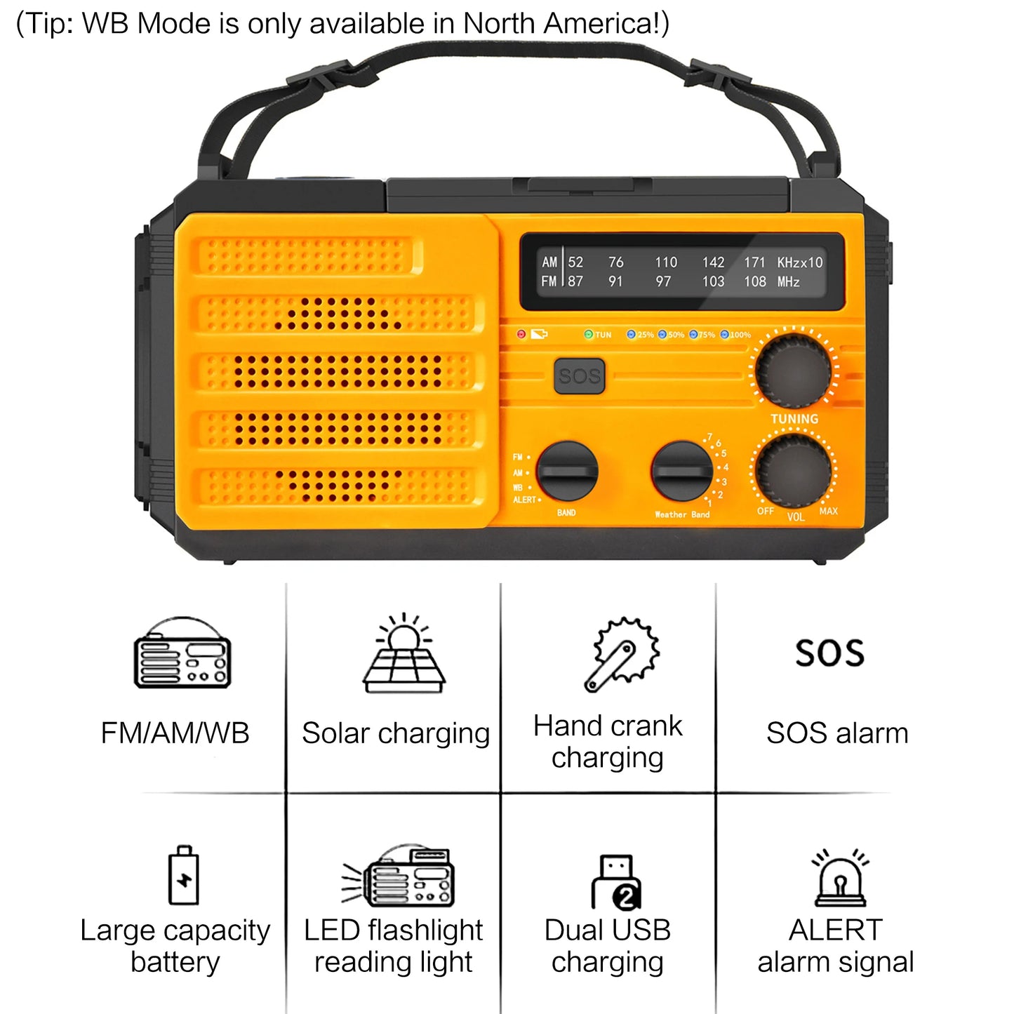 Wetterradio Notfall Multifunktionales Radio FM AM WB Handkurbel Solar USB-Ladefunktion 2000mAh Powerbank LED Taschenlampe