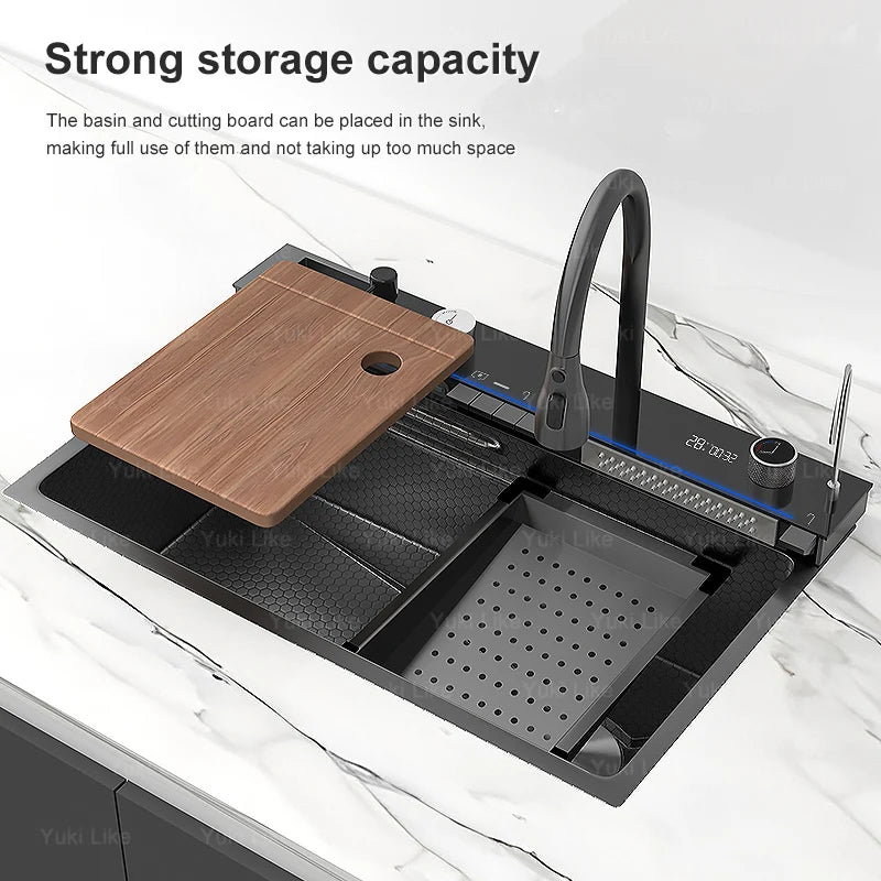 MultiFunction Waterfall Wash Vegetables Basin Stainless Steel Large Single Slot With Smart Digital Display Faucet Kitchen Sink