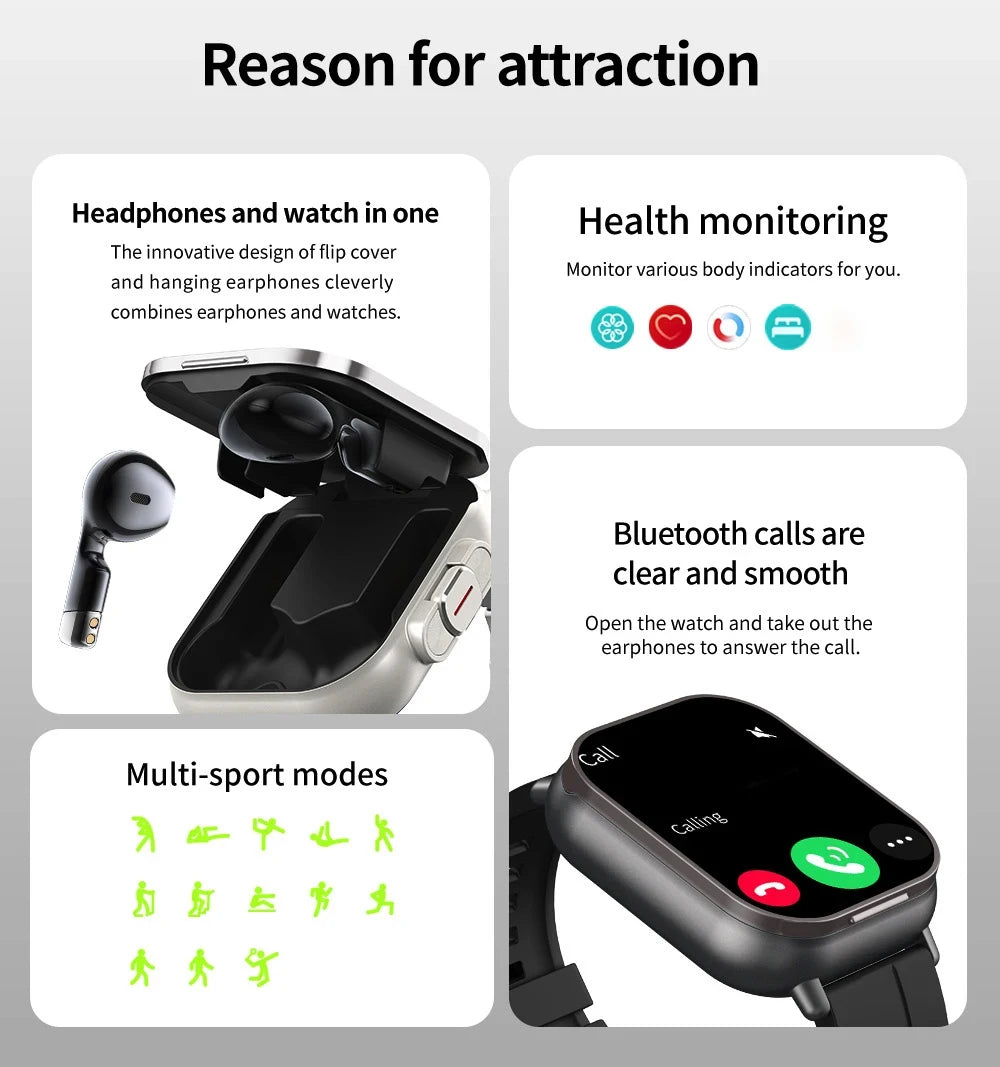 TWS Earphone Smartwatch 2.01" Headset 2-in-1 Smartwatch BT-Anruf Bluetooth Kopfhörer Uhren Herzfrequenz Sport Fitness Armband