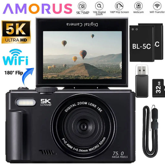 75 MP Digitalkamera für Fotografie 5K 18X Digitalzoom Vintage Vlog Video Recorder für YouTube 180° Klappdisplay Selfie WiFi