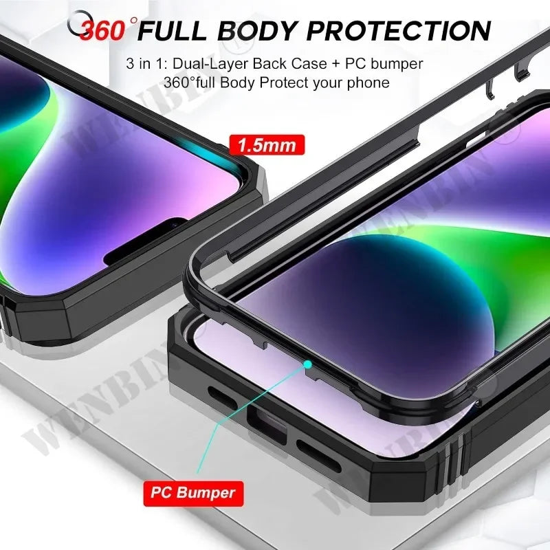Étui robuste avec support rotatif à 360° pour iPhone 17, 16, 16e, 15, 14, 13, 12, 11 Pro Max Plus Mini, XS, XR, 8 Plus, 8, 7 SE