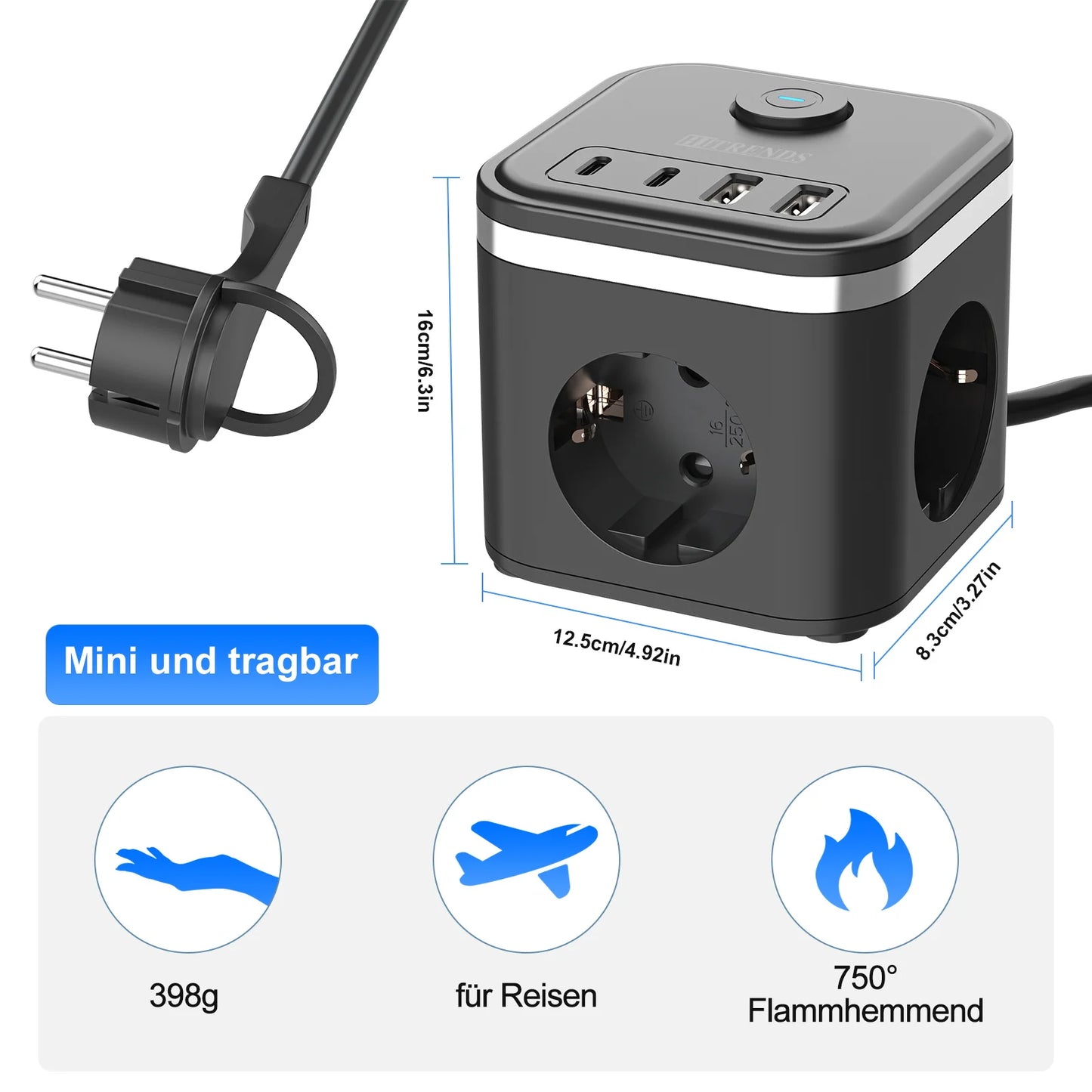 7-in-1 EU Multi-function Power board Ultra-thin flat plug with 3 AC power outlets 2 USB-C and 2 USB-A 2-meter extension cords