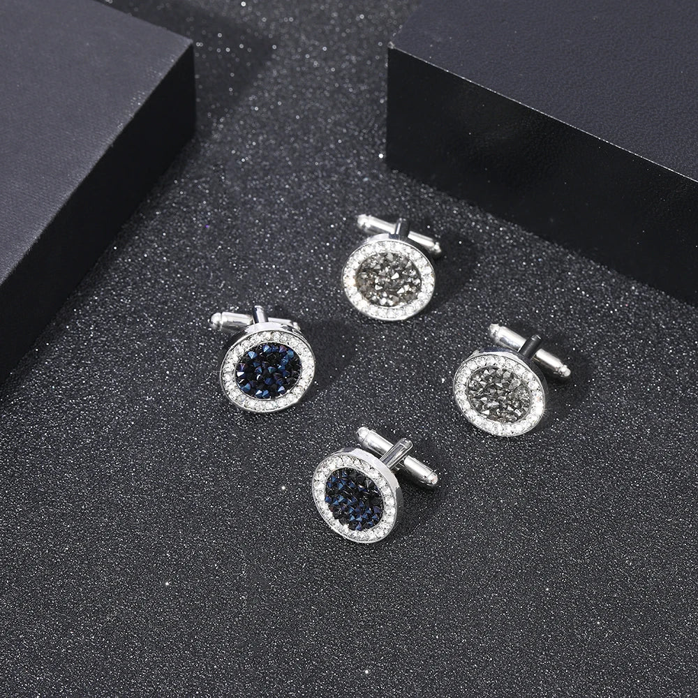 Modern Mens Cufflinks Pave Round Crystal Cuff Links Black Blue Rhinestone Color Dust Formal Button Ornaments