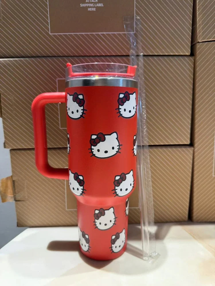 Kawaii Hello Kitty 40oz Edelstahl-Vakuumbecher Anime mit Griff Strohhalmbecher Kaffeetasse mit Verpackungskarton Schnelle Lieferung