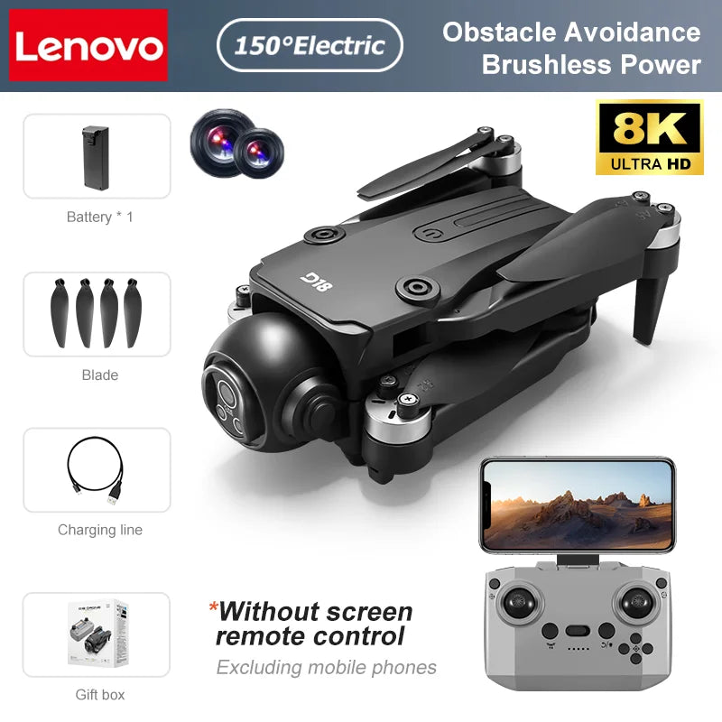 Drone Lenovo D18 8K HD Double Caméra Photographie Aérienne Évitement d'Obstacles Moteur Sans Balais 5G WIFI GPS Retour d'Écran RC Quadcopter