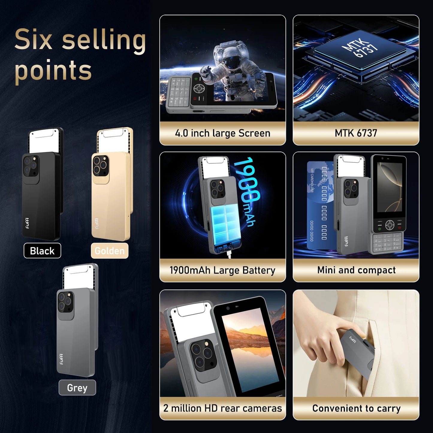 FUFFI S24 Pro Mini téléphone coulissant Écran couleur HD de 4,0 pouces, téléphone amusant, téléphone multifonction 4G, double SIM, téléphone portable étudiant