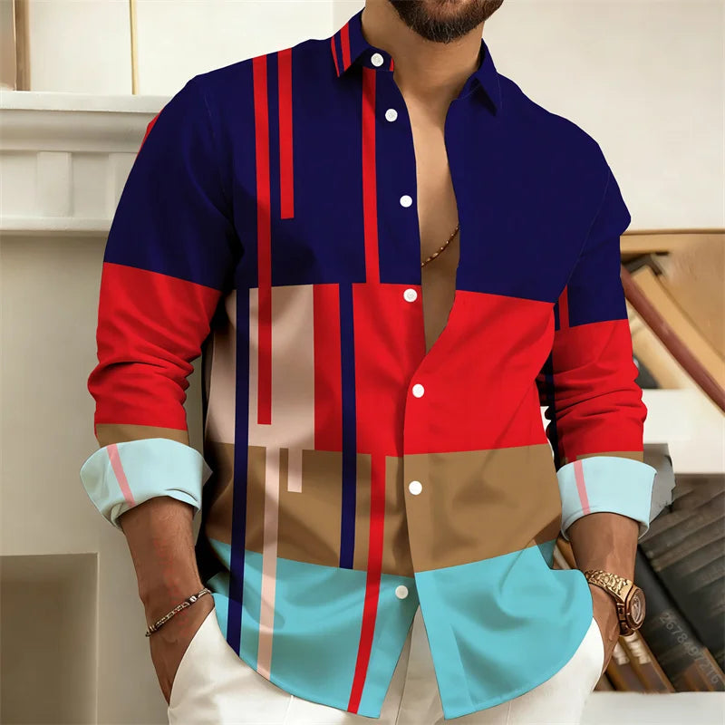 Chemise Homme à Rayures Color Block Manches Longues, Chemise Décontractée Business Style Rétro, Haut Tendance Homme Coupe Slim, Tailles S-6XL