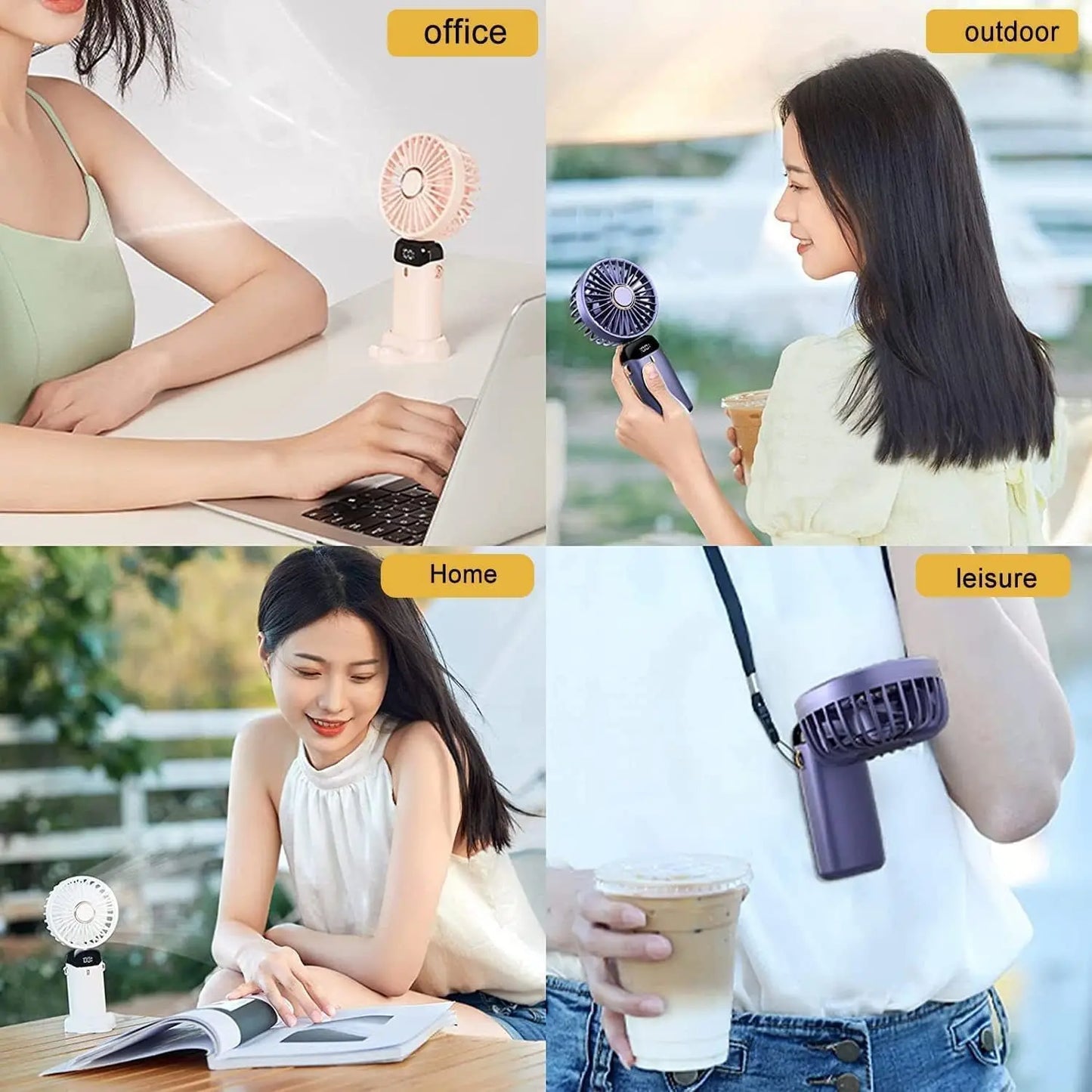 Mini ventilateur portable 3000 mAh pliable, à poser sur un bureau, à suspendre autour du cou, 5 vitesses, rechargeable par USB, support de téléphone, écran d'affichage