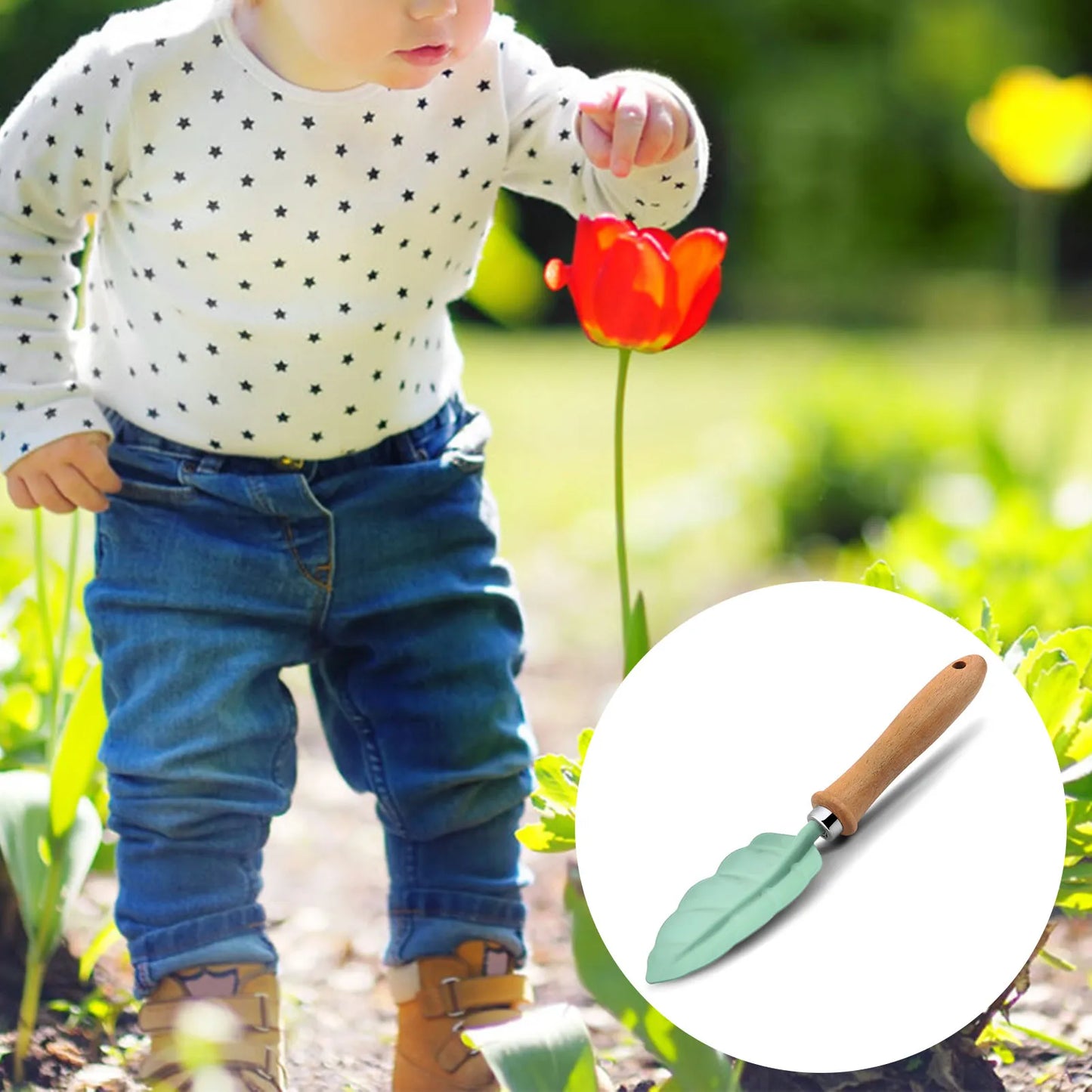 Petit kit d'outils de jardinier, coloré, sûr, avec manche en bois, pelle, râteau, fourche, ensemble de cadeaux de jardinage pour enfants et filles