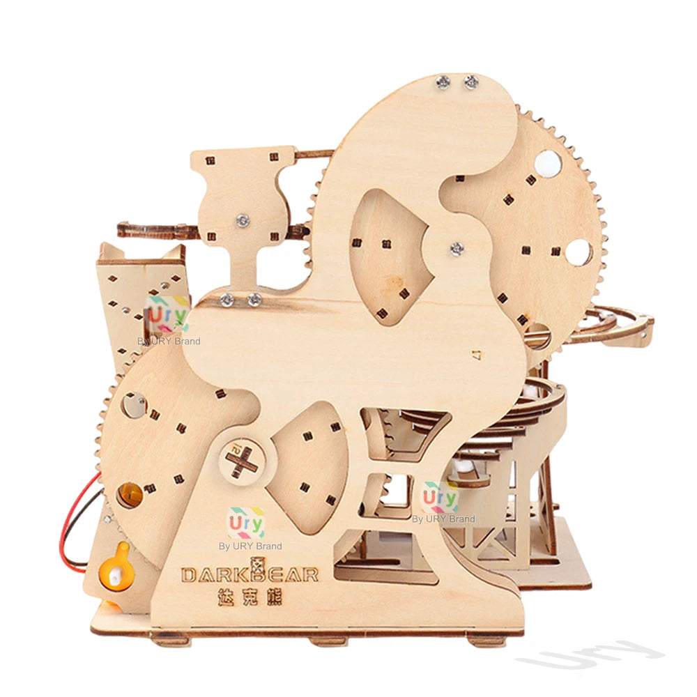 Ury 3D Wooden Puzzles Electric Marble Run Set Catapult Track Device Mechanical Model Science Balls Maze Assembly Gift for Kids