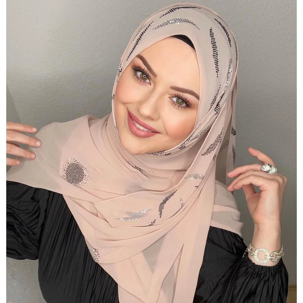 Turban instant musulman Strass Blanc Mousseline Hijab Abaya Hijabs pour femme Abayas Jersey Écharpe de tête scintillante Robe Femmes Turbans
