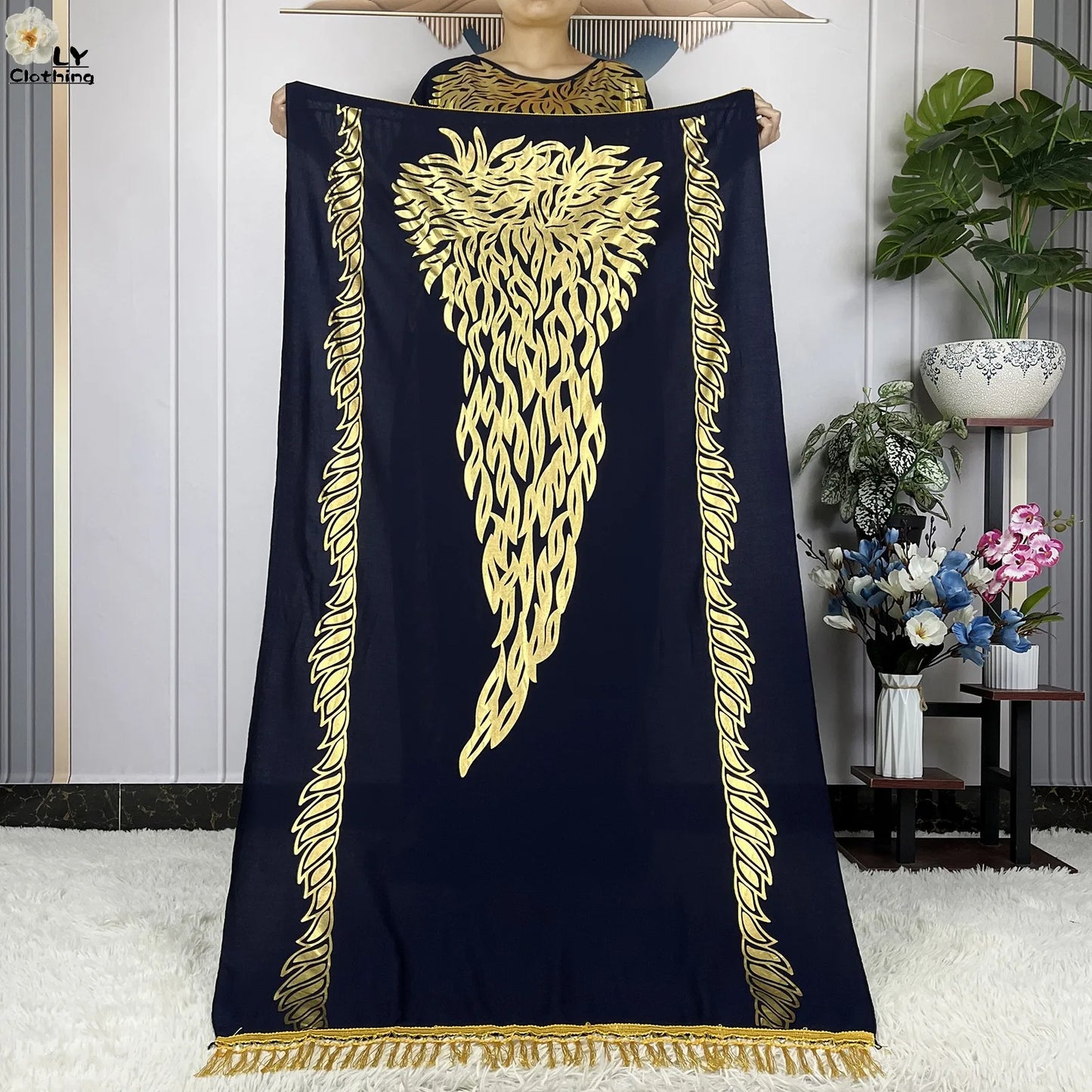 Neues Sommer-Kurzarm-Kleid aus Baumwolle für Damen mit großem Schal Goldprägung Boubou Maxi Islam Damen Afrikanische Abaya Kleidung