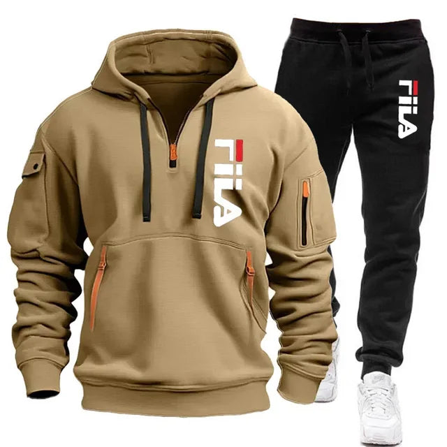 Herbst und Winter heiß begehrtes Herren-Kapuzensweatshirt + Freizeithose, zweiteiliges Outdoor-Set mit mehreren Taschen und Sporthose