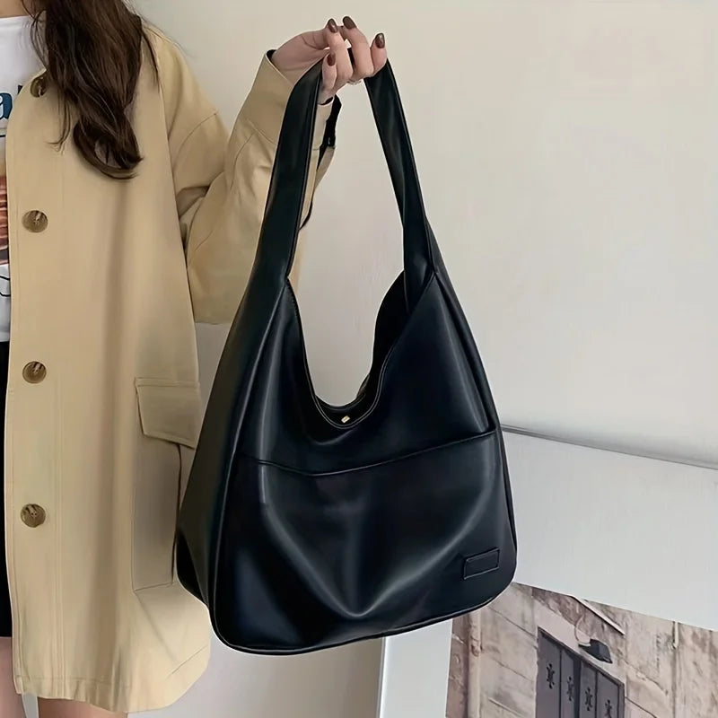 Women Hobo Bag Simple PU Leather Solid Shoulder Bag 2023 Fashion Large Capacity Handbag For School Work