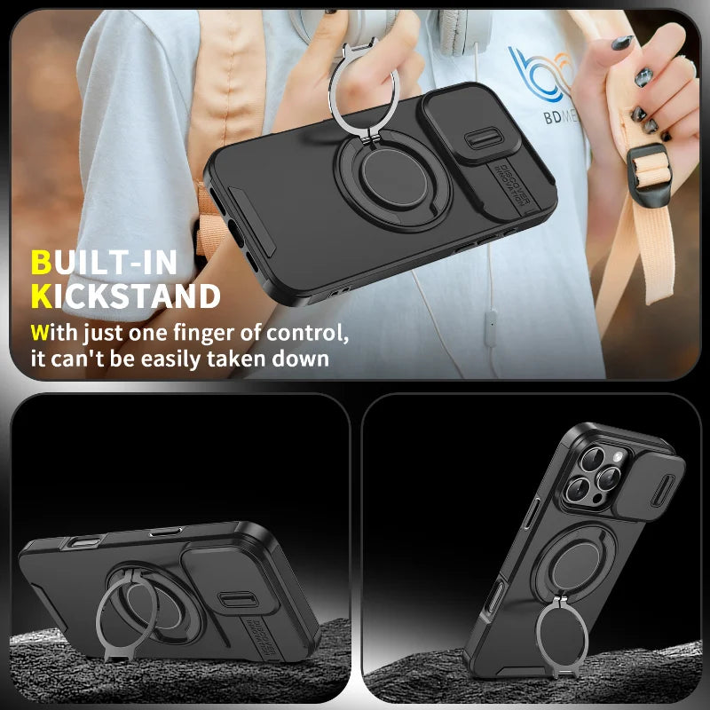Luxury Heavy Duty Rugged Armor Magnetic Bracket Case For iPhone 16 15 14 13 12 11 Pro Max Plus Slide Camera Protection PC Cover