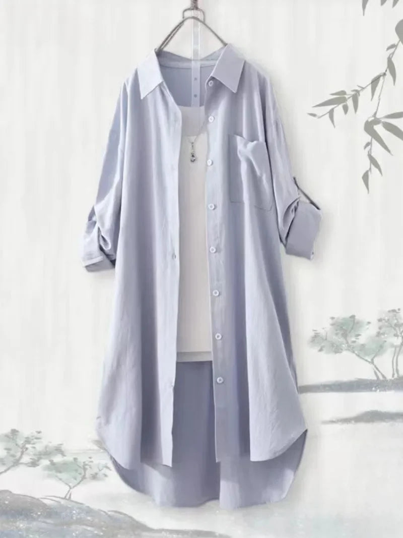 Chemisier ample grande taille respirant Chemise mi-longue coréenne décontractée Chemises d'automne Femme Chemises unies simples à manches longues