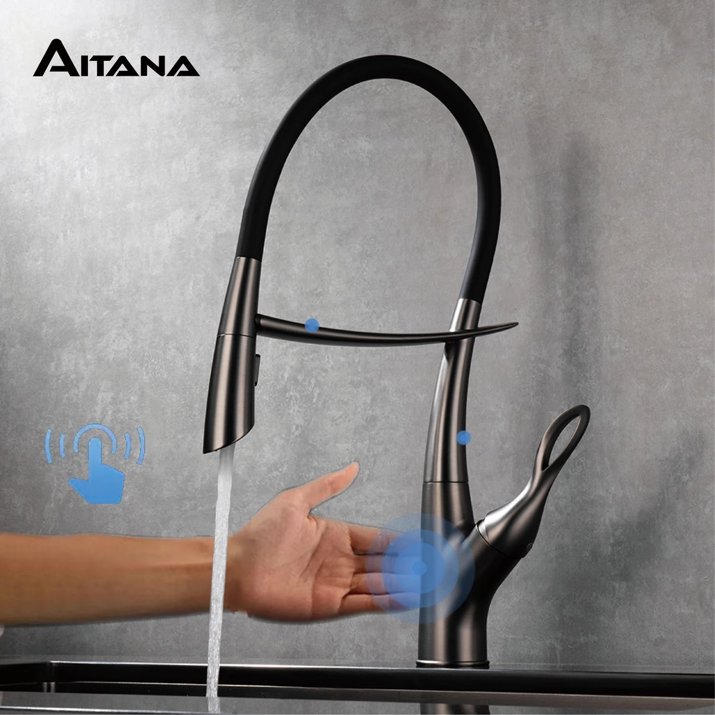 Luxury gun gray brass kitchen faucet with intelligent touch design Single handle hot and cold water magnetic suction sink faucet