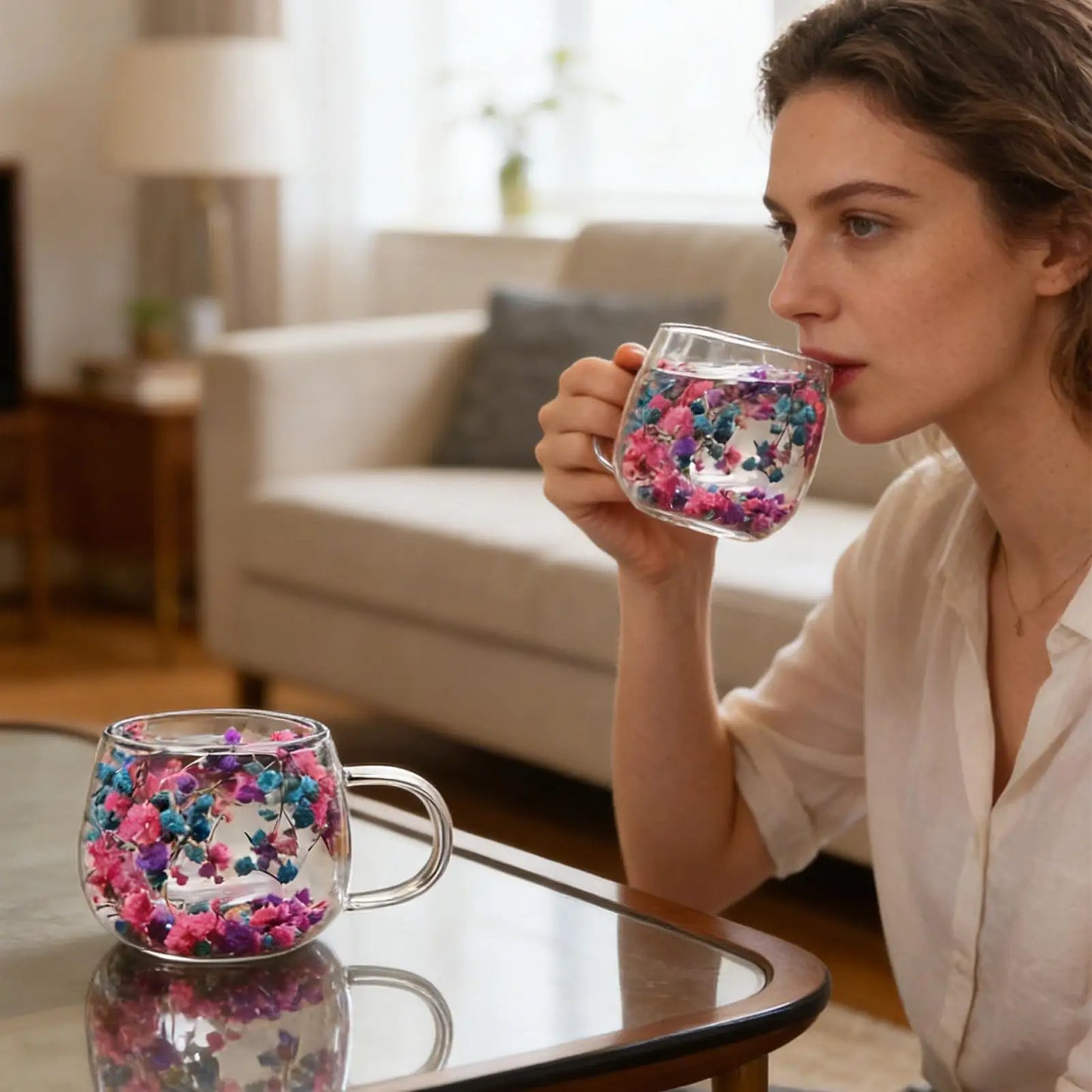 Dried Flower Coffee Mugs Double Wall Drinkware Glass Drinking Cups Coffee Mug for Home Living Room Kitchen Apartment