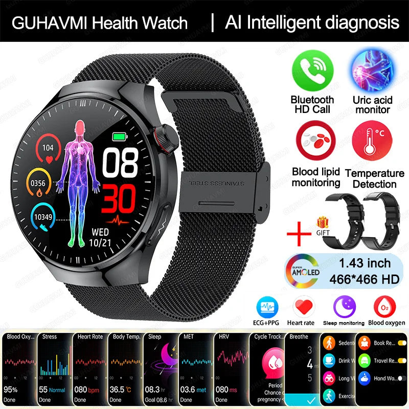 Montre Intelligente de Soins Infirmiers 2025 Montre connectée Santé, oxygène sanguin, lipides sanguins, acide urique, ECG+PPG, température corporelle, appel Bluetooth