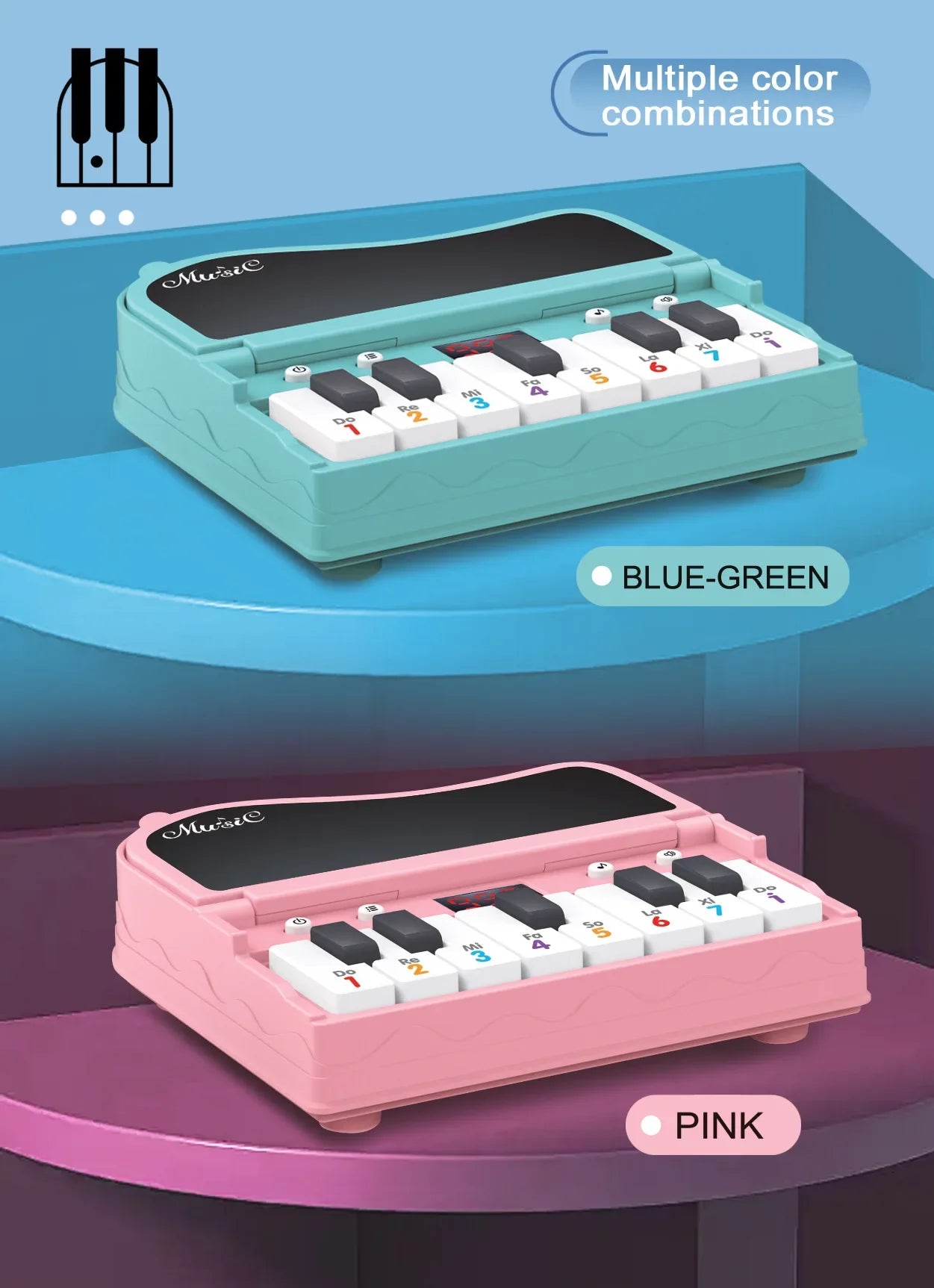 A handheld mini desktop piano with lights, music, electronic keyboard rhythm, and a game console for completing levels; a Montes