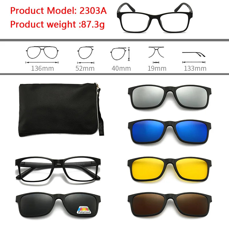6 In 1 Polarized Sunglasses Men Women Magnetic Clip On Glasses TR90 Optical Prescription Eyeglass Frames Magnet Clips