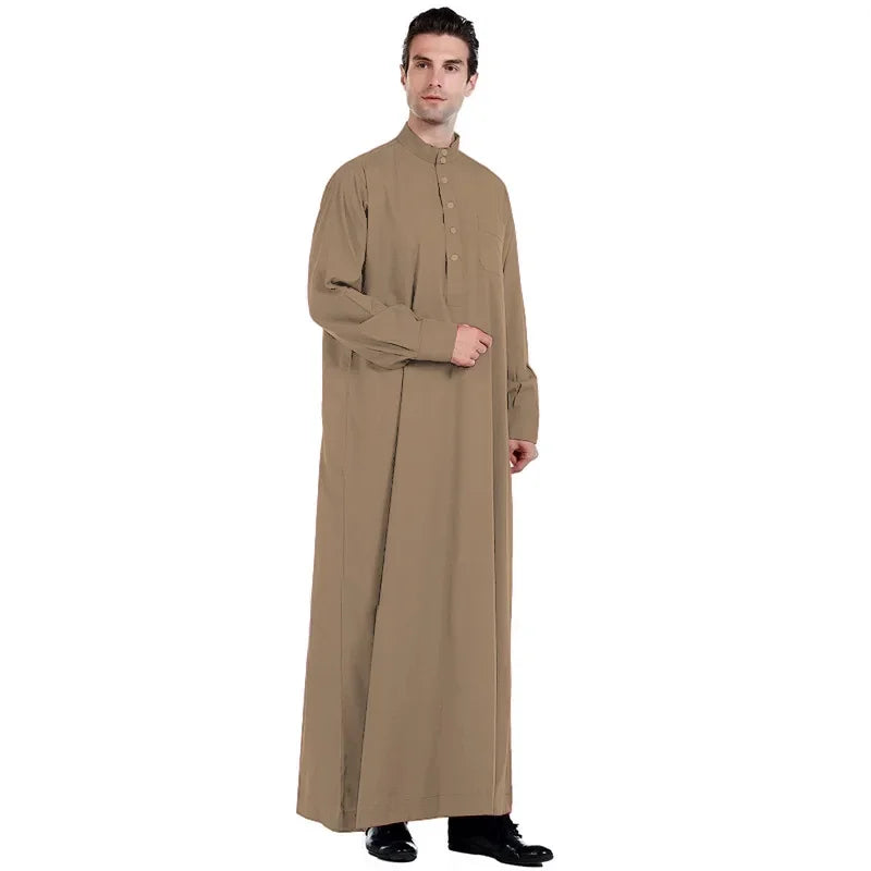 2026 Muslim Clothing Men Jubba Thobe Solid Long Sleeve Kaftan Stand Collar Casual Robe Moroccan Dishdasha Thawb Islamic Clothing
