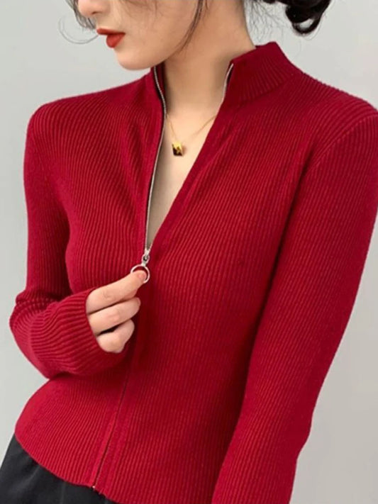 Frühling Herbst Reißverschluss Cardigan Damen Pullover Gestrickt Langarm Stehkragen Oberteile Koreanische Mode Kurzer Pullover für Damen