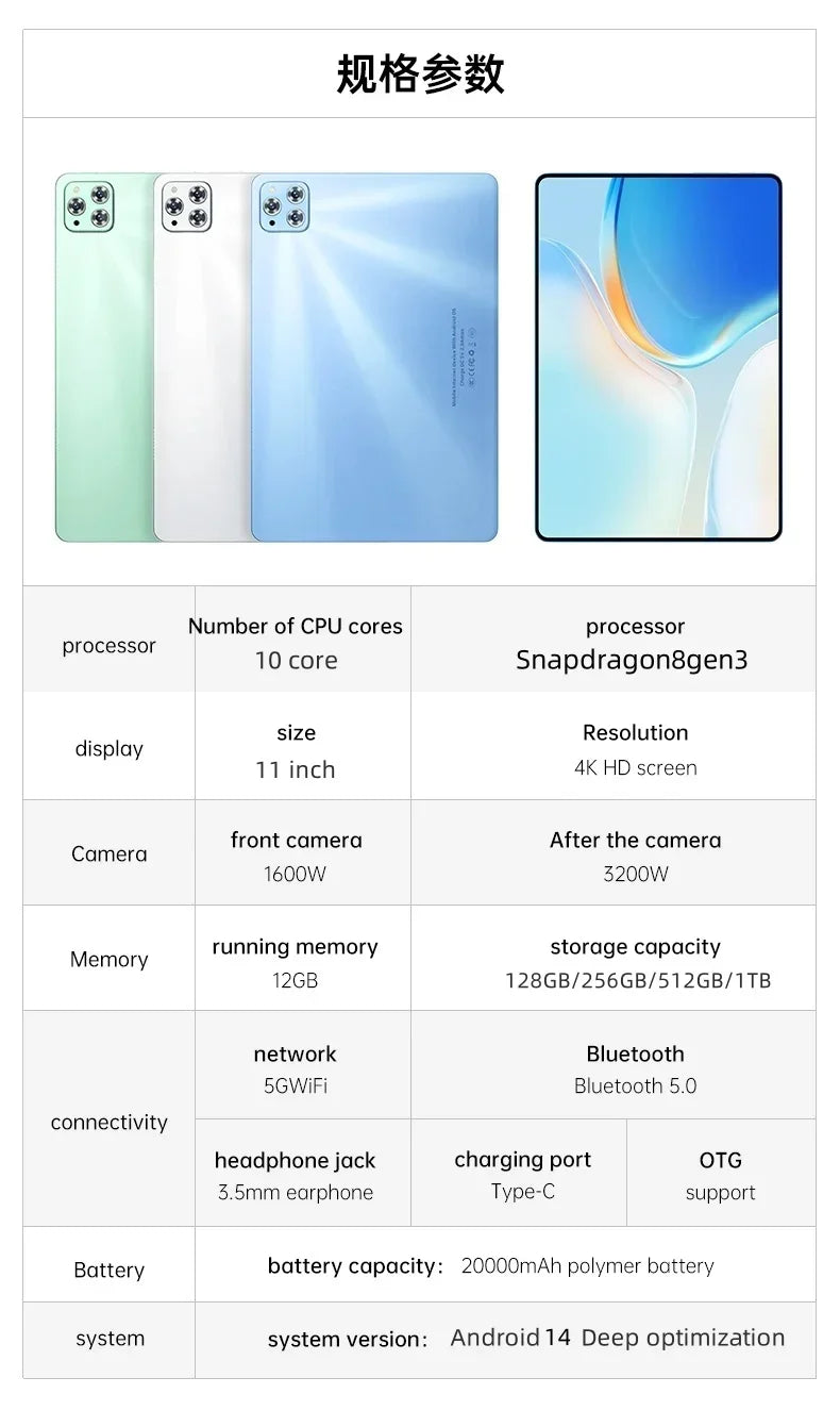 Tablette PC iPad Air Pro 2025 11" Android 14 22Go+2To Snapdragon8Gen3 20000mAh 4G/5G Double SIM Bluetooth WiFi