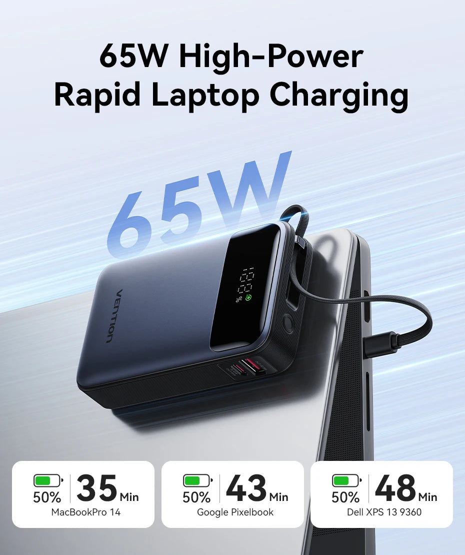 Vention 65W Power Bank 20000mAh Built-in USB-C Cable Portable Powerbank for Laptop PD Fast Charger for iPhone 17 Samsung S25 S24