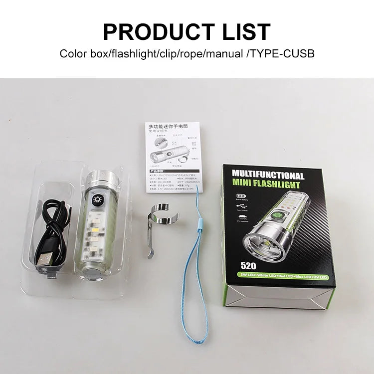 Mini-Schlüsselbund-Taschenlampe Typ C Schnelles Laden Multifunktional Ausziehbar Wasserdicht Fluoreszierend Magnetisch Warnleuchte Campinglampe