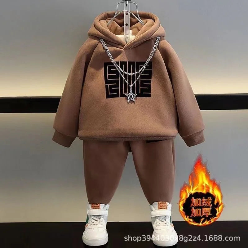Ensembles de sweat-shirts pour enfants, hiver, plus velours épais, costume chaud garçons filles, sweat à capuche + pantalon 2 pièces, tenues de survêtement en coton