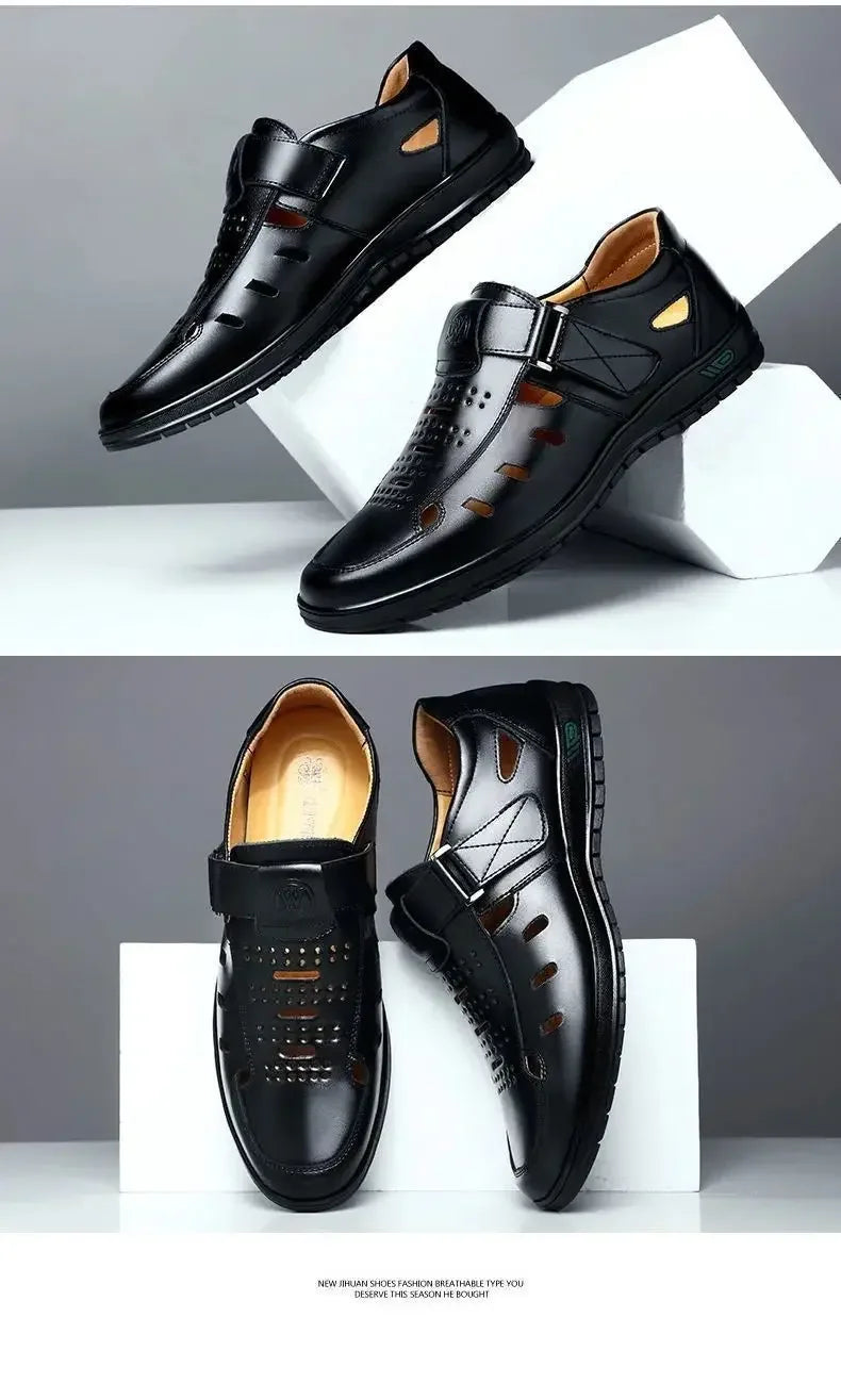 Sandales Homme en Cuir Véritable Chaussures Décontractées Respirantes d'Été pour Homme Sabots à Enfiler Extérieur Antidérapantes Faites à la Main Sandales
