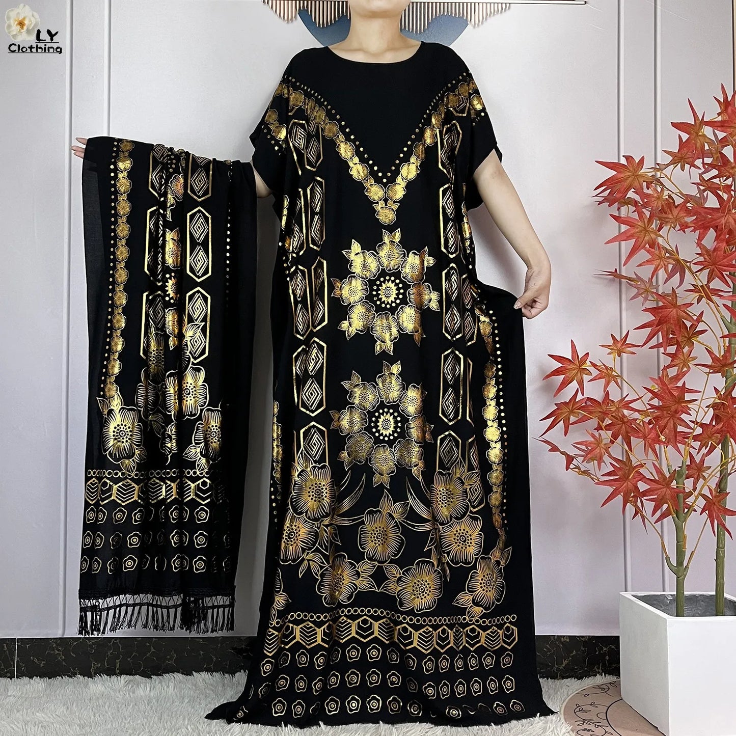 Neues Sommer-Kurzarm-Kleid aus Baumwolle für Damen mit großem Schal Goldprägung Boubou Maxi Islam Damen Afrikanische Abaya Kleidung