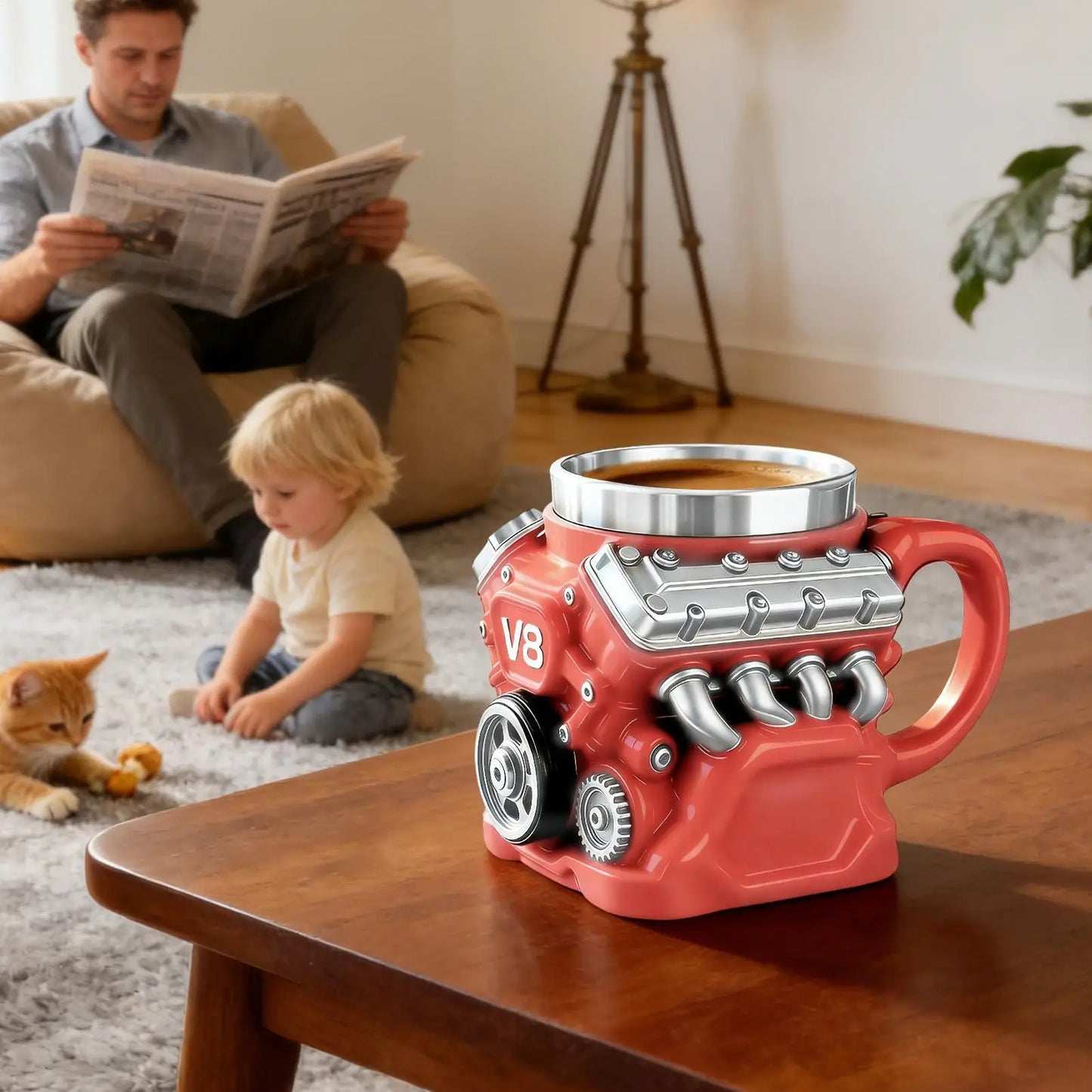 Kaffeetasse Mechanische Tasse Edelstahl V8 Motor Reisebecher für Kaffee für Männer Autoenthusiasten Valentinstag Geburtstag