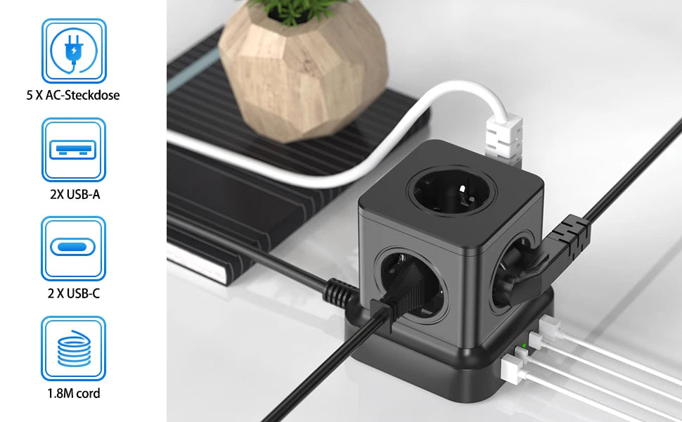 4000W EU Mulit Plug Power Strip Tower with 5 AC Outlets USB C Fast Charger PD20W, Power Board Socket 1.8 m Extension Cable