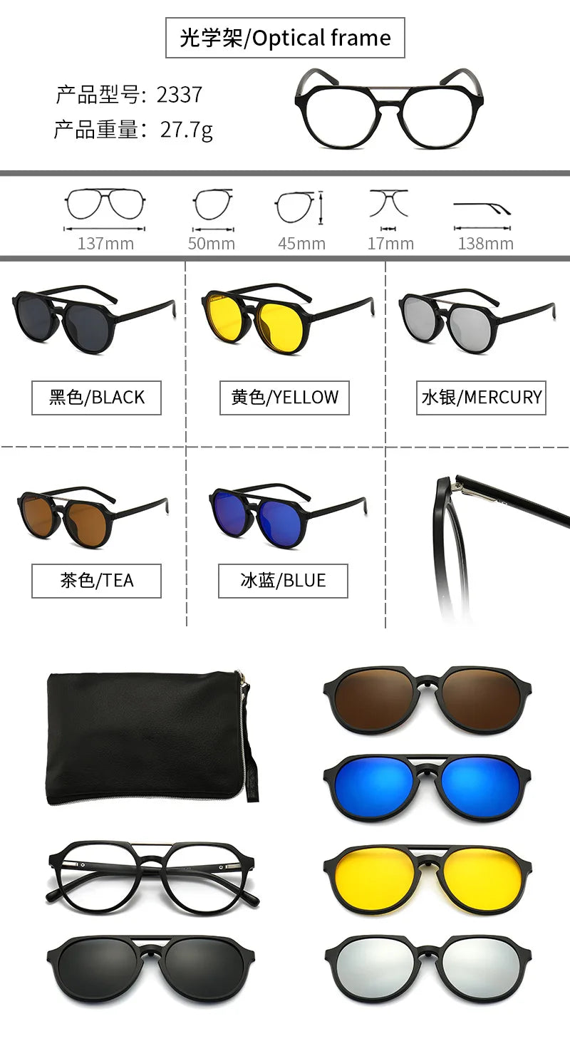6 In 1 Polarized Sunglasses Men Women Magnetic Clip On Glasses TR90 Optical Prescription Eyeglass Frames Magnet Clips