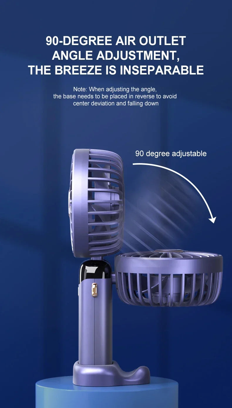 Mini ventilateur portable 3000 mAh pliable, à poser sur un bureau, à suspendre autour du cou, 5 vitesses, rechargeable par USB, support de téléphone, écran d'affichage