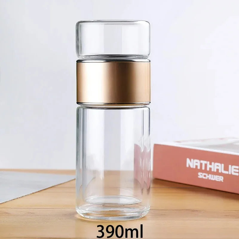 Bouteille d'eau à thé 420 ml en verre borosilicate double paroi avec infuseur pour thé, tasse à thé, gobelet, boisson avec filtre à thé
