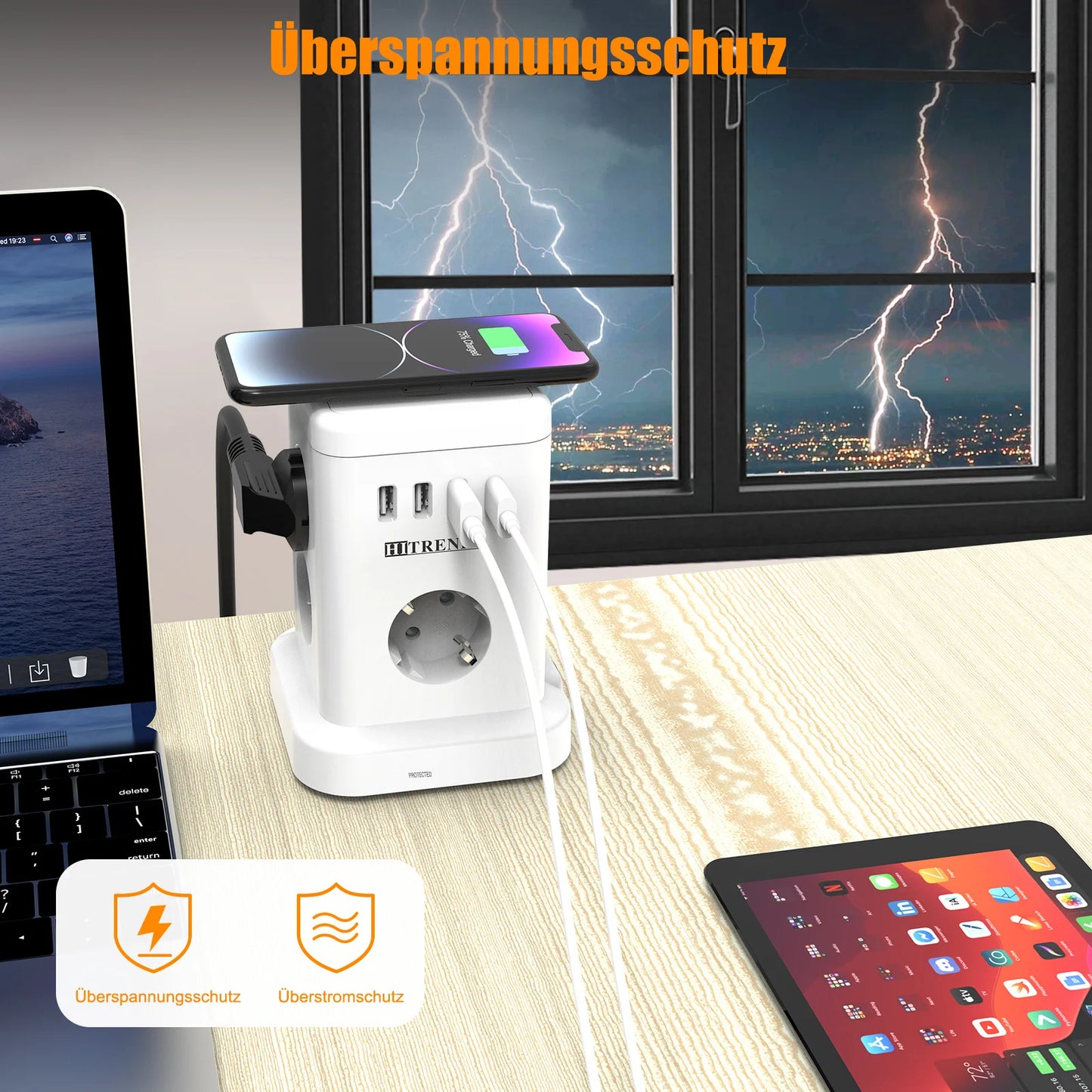 15-in-1 intelligente Steckdosenleiste kabelloses Schnellladen 3680W 3USB-A und 1USB-C 2 Meter Verlängerungskabel Hauptschalter