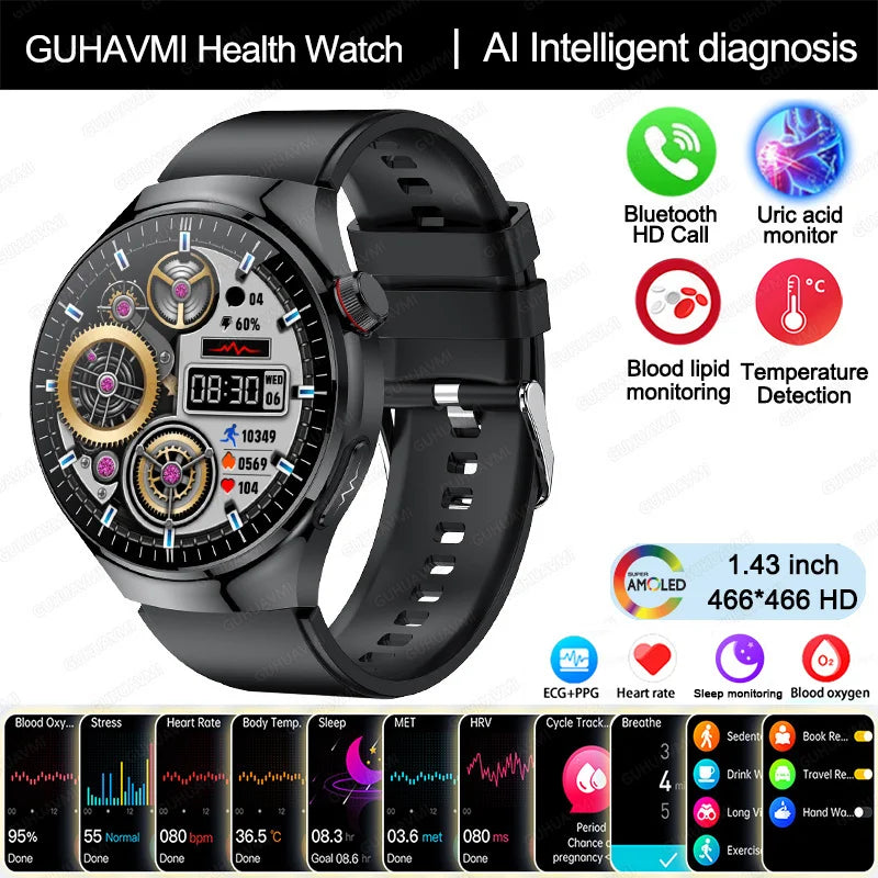 Montre Intelligente de Soins Infirmiers 2025 Montre connectée Santé, oxygène sanguin, lipides sanguins, acide urique, ECG+PPG, température corporelle, appel Bluetooth