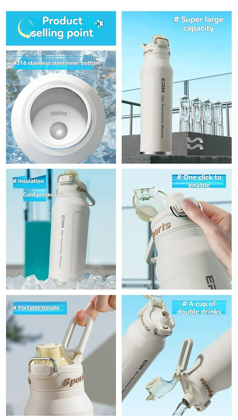 Bouteille d'eau isotherme chaude et froide en acier inoxydable, double paroi portable avec poignée, tasse de sport d'extérieur