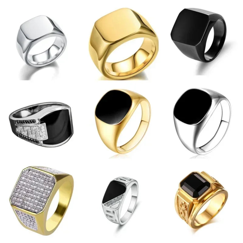 Nouvelles bagues brillantes en métal 2023 pour hommes, anneaux géométriques larges, chevalière carrée, style punk, bijoux fantaisie, vente en gros