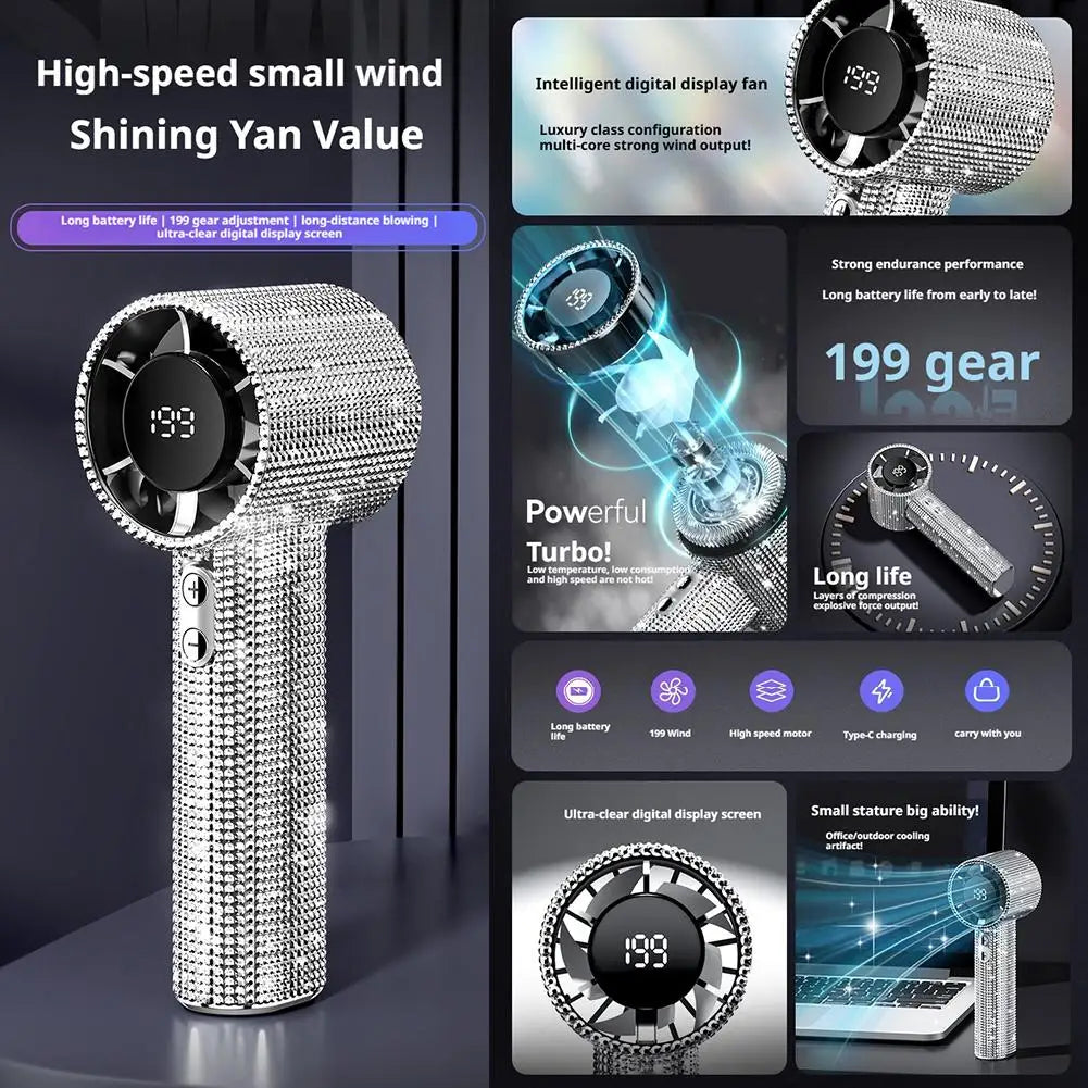1 Stück Luxus Diamant Handheld Mini-Ventilator 199-Gang einstellbar Tragbarer Handheld Turbo-Ventilator Outdoor Digitalanzeige Elektrischer Ventilator