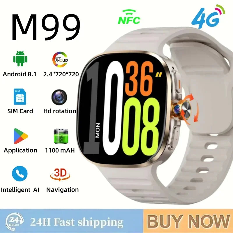 M99 5G Smartwatch: 2,4" AMOLED-Bildschirm, drehbare Kamera, SIM- und WLAN-Unterstützung für eigenständige Anrufe und soziale Medien.
